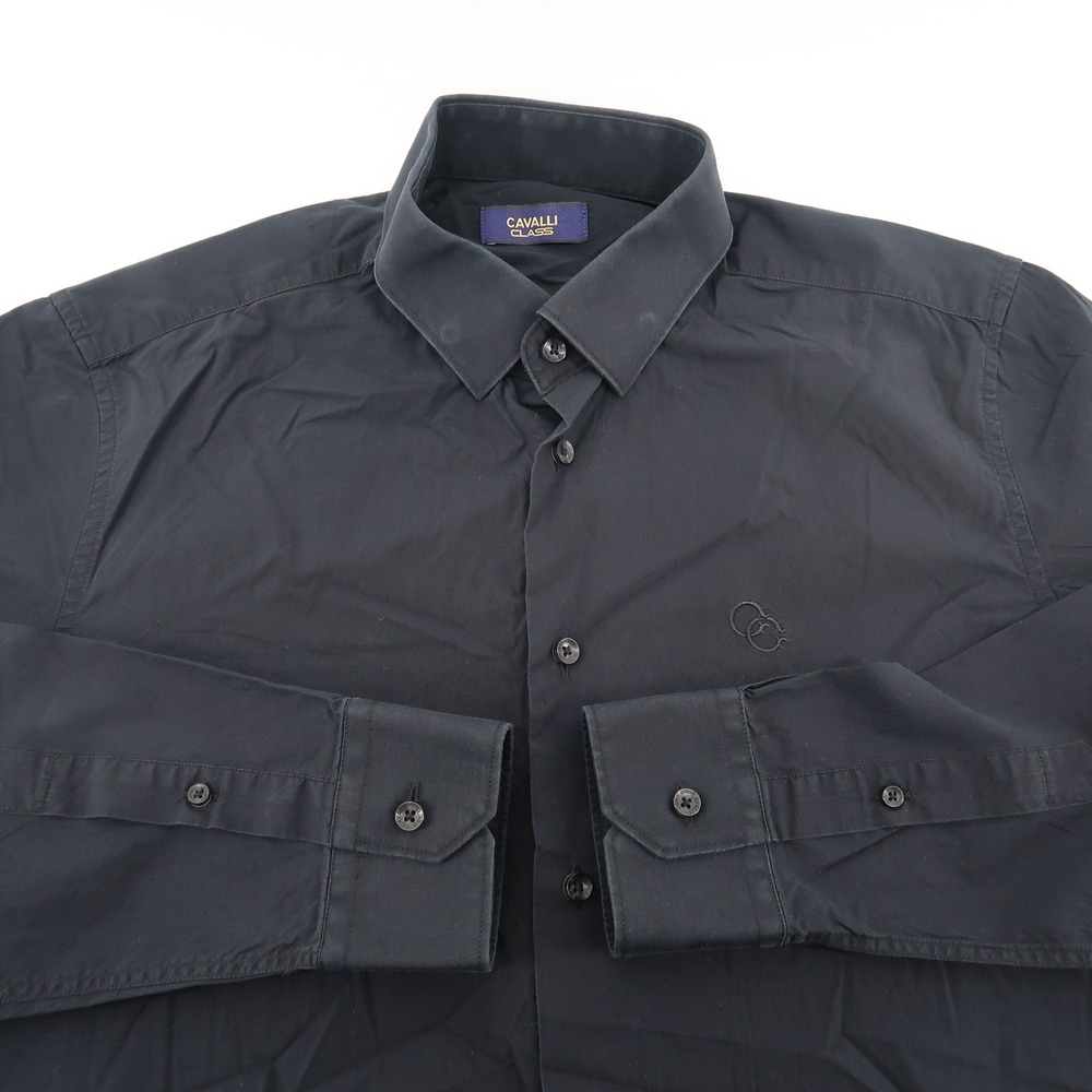 Cavalli Class Button Up Shirt Mens XL Black Solid Embroidered Logo OXT701 CE001